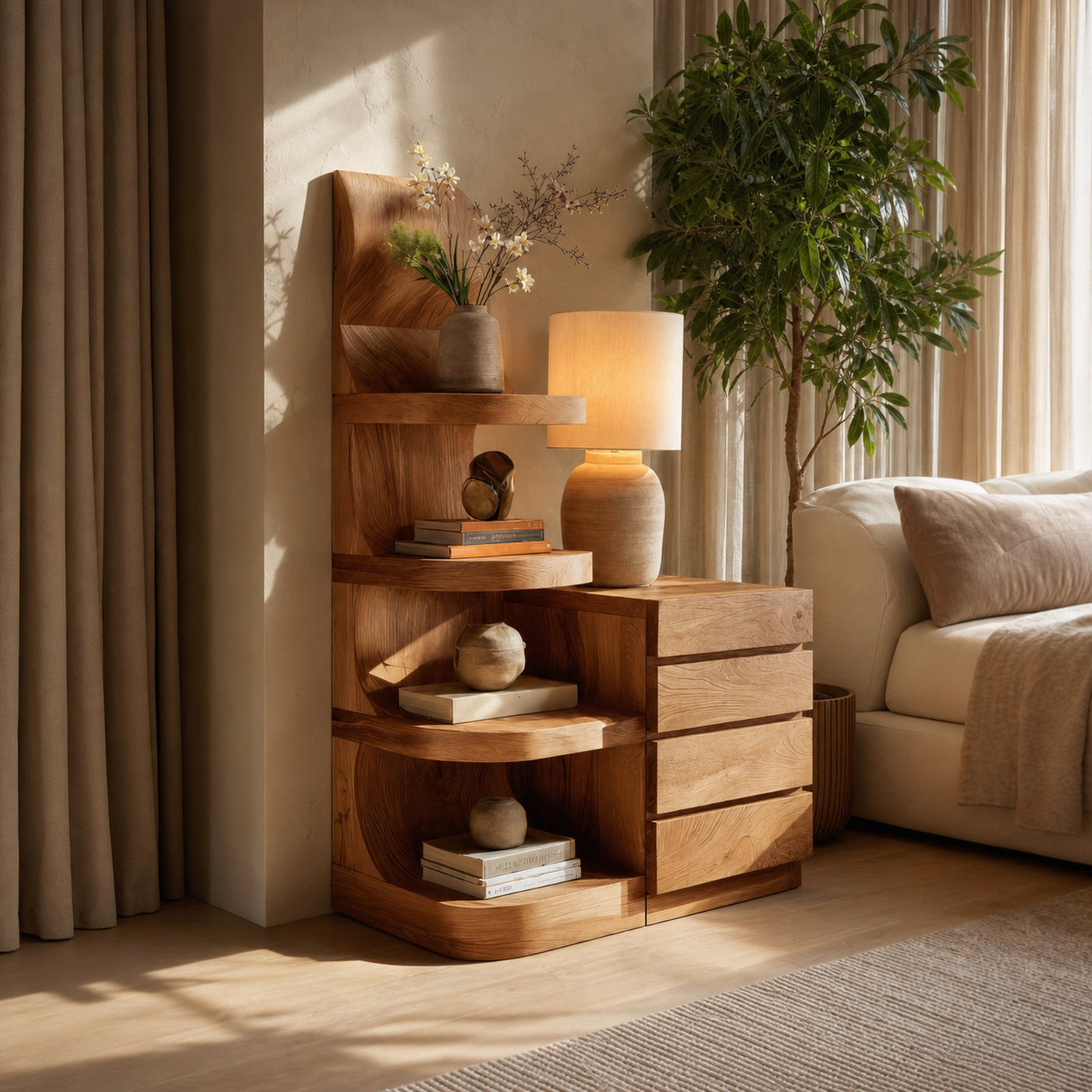 Modern Nightstand With Shelves And Drawers For Bedroom