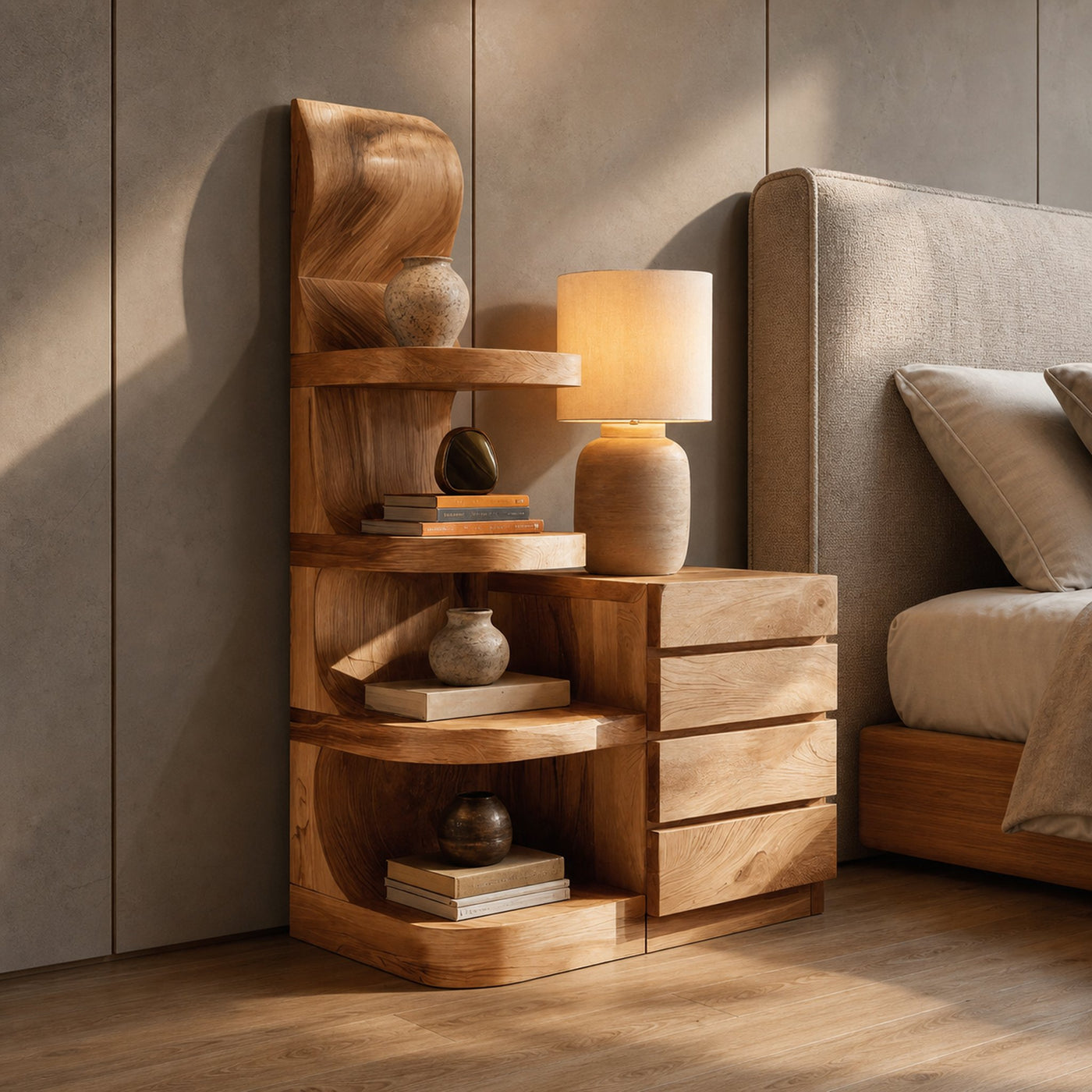 Modern Nightstand With Shelves And Drawers For Bedroom - product view 6