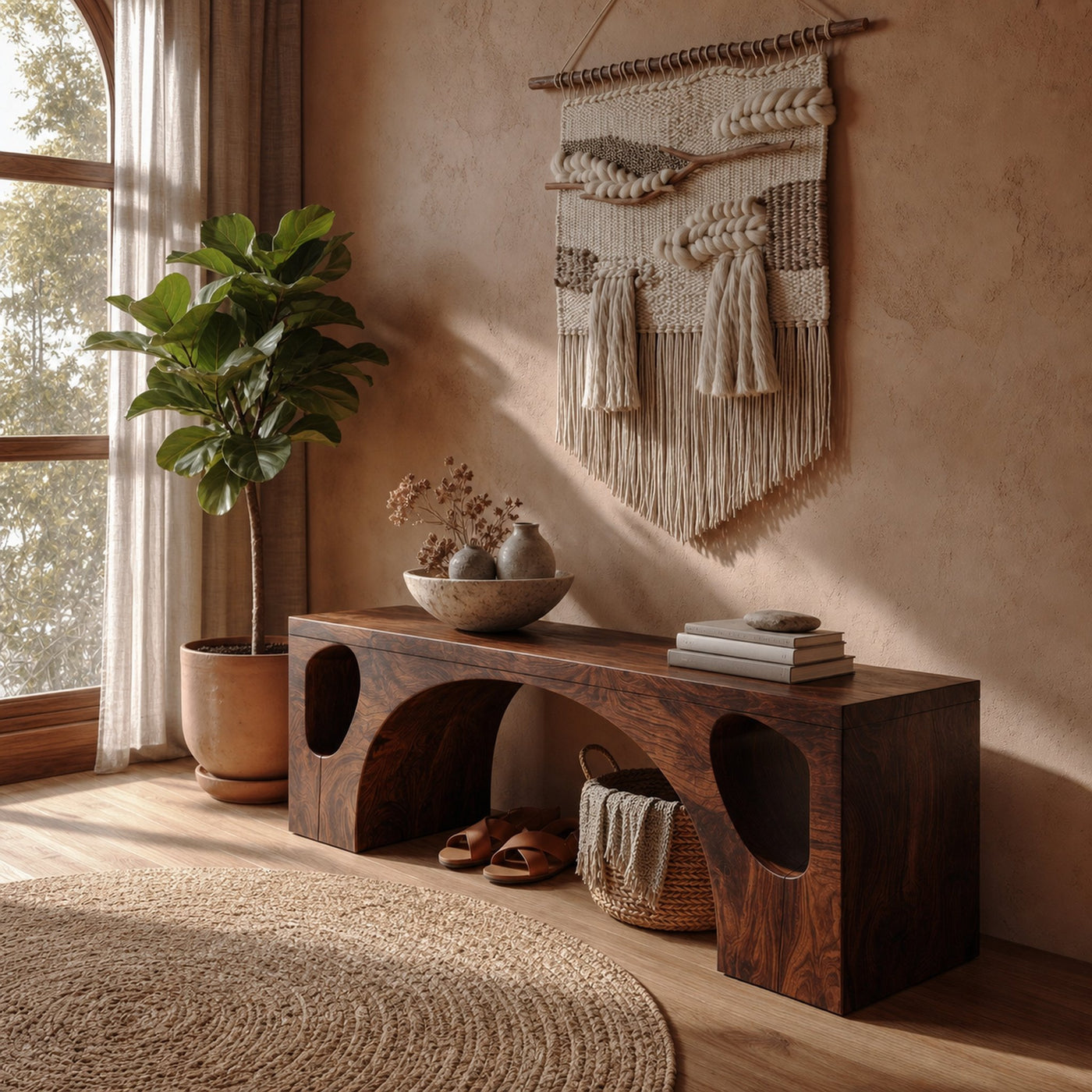 Modern Organic Bench With Sculptural Arch Base For Entryway