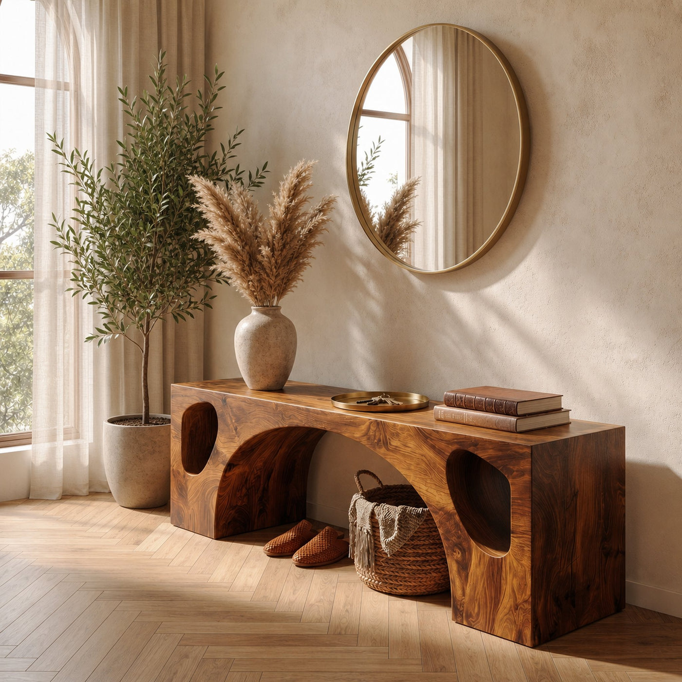 Modern Organic Bench With Sculptural Arch Base For Entryway - product view 6