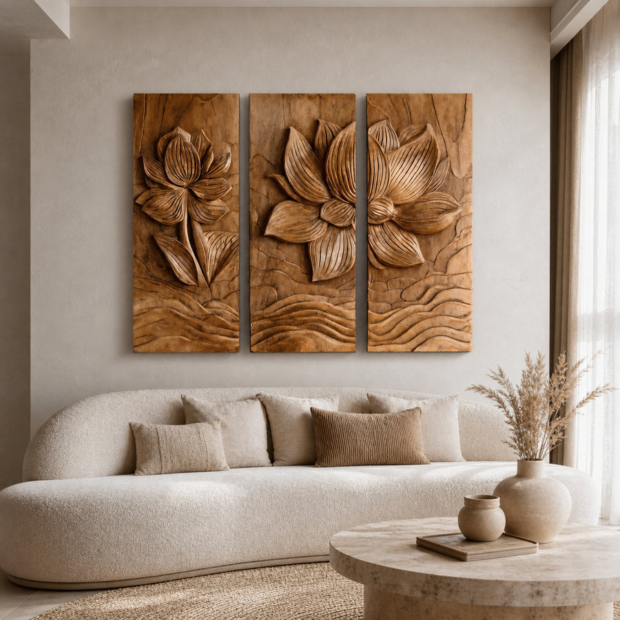 Modern Organic Lotus Wood Wall Art Set For Living Room