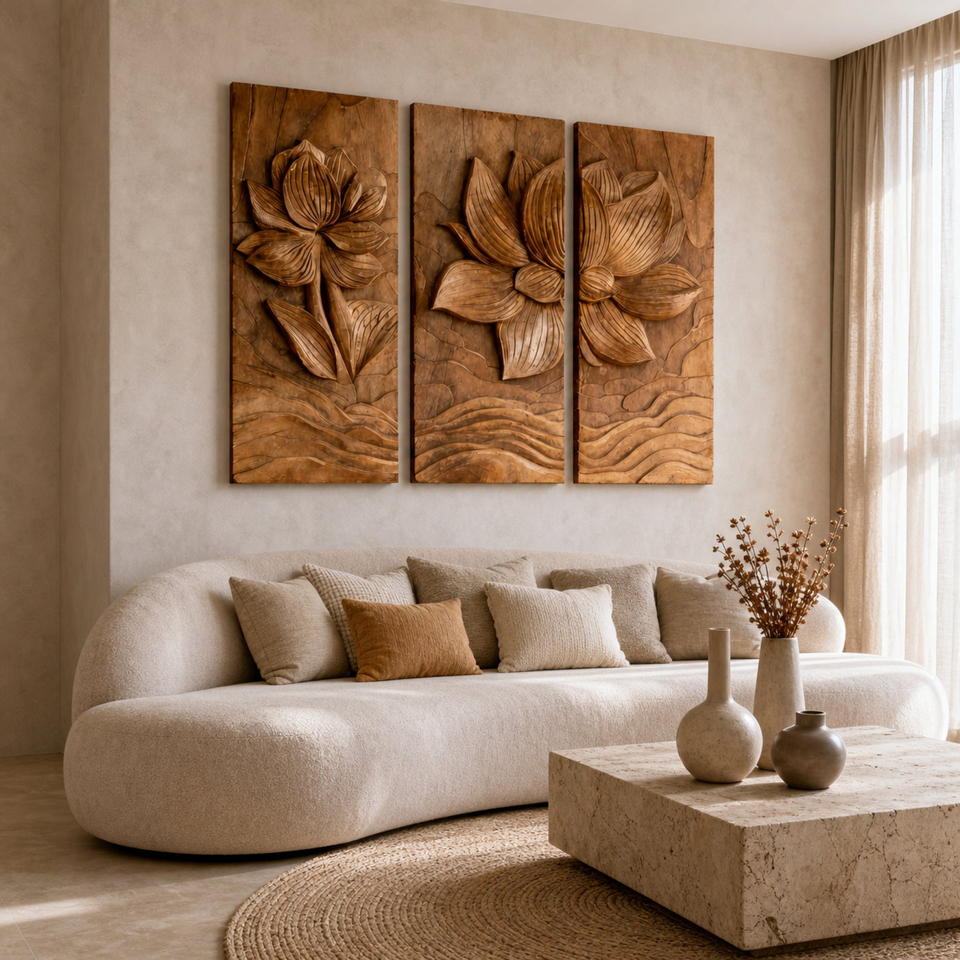 Modern Organic Lotus Wood Wall Art Set For Living Room - product view 6