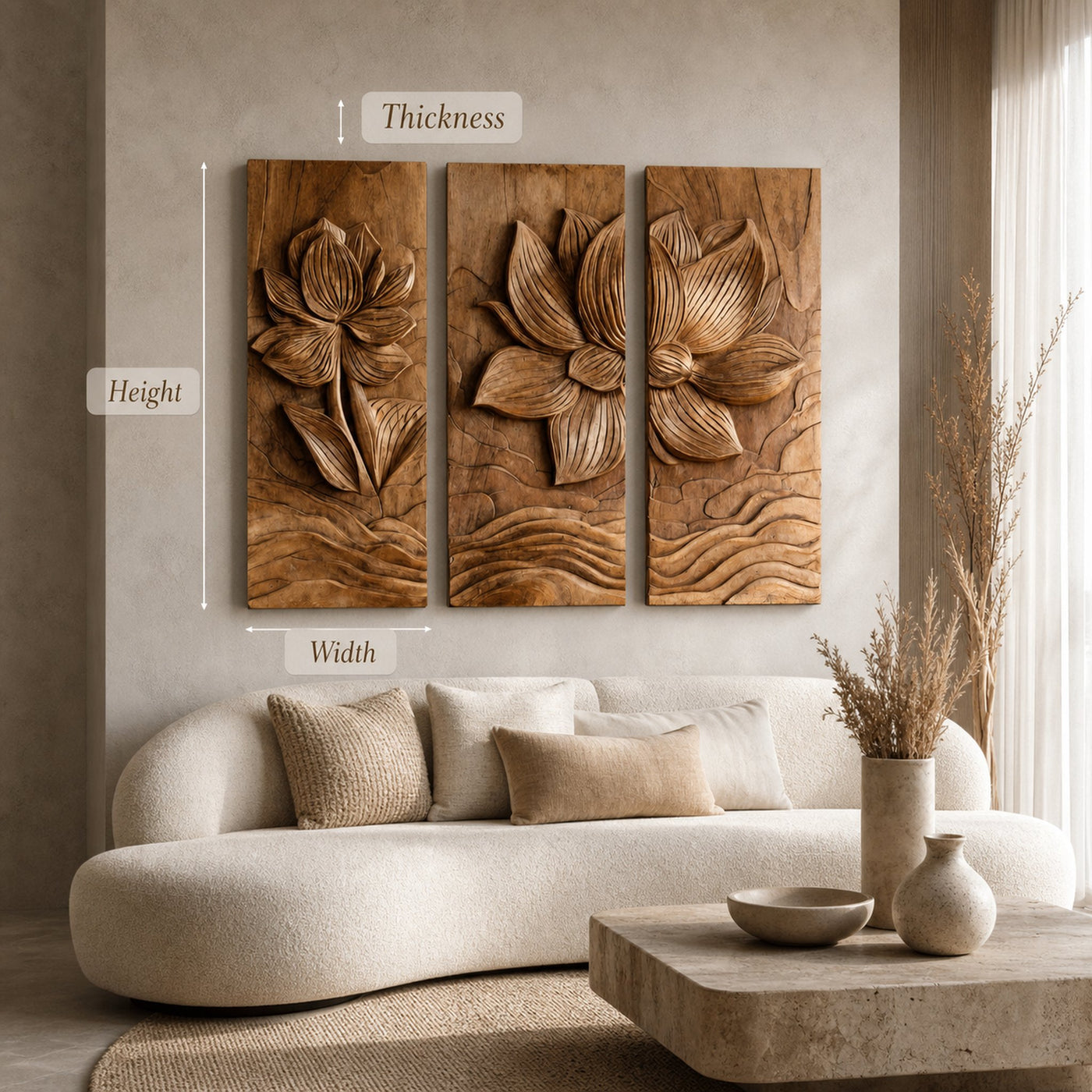 Modern Organic Lotus Wood Wall Art Set For Living Room - product view 7