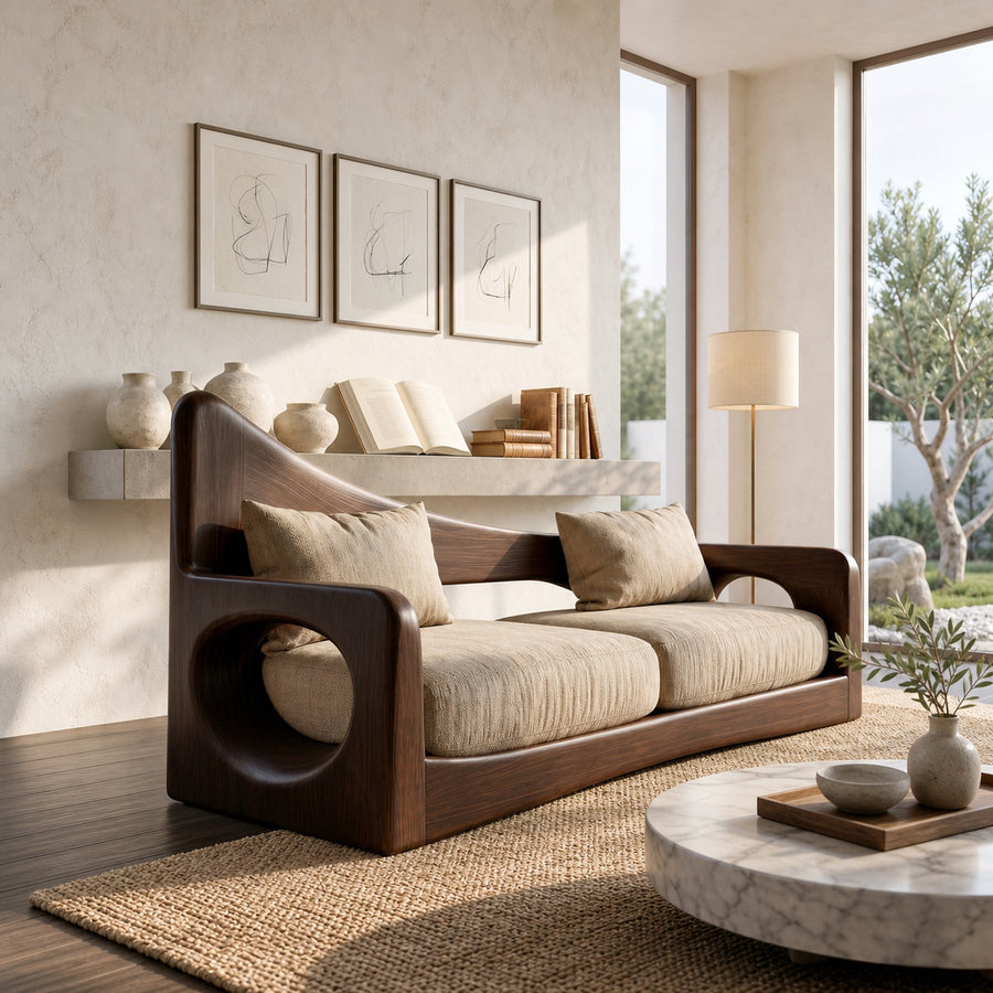 Modern Organic Sofa With Sculptural Perforated Wood Frame