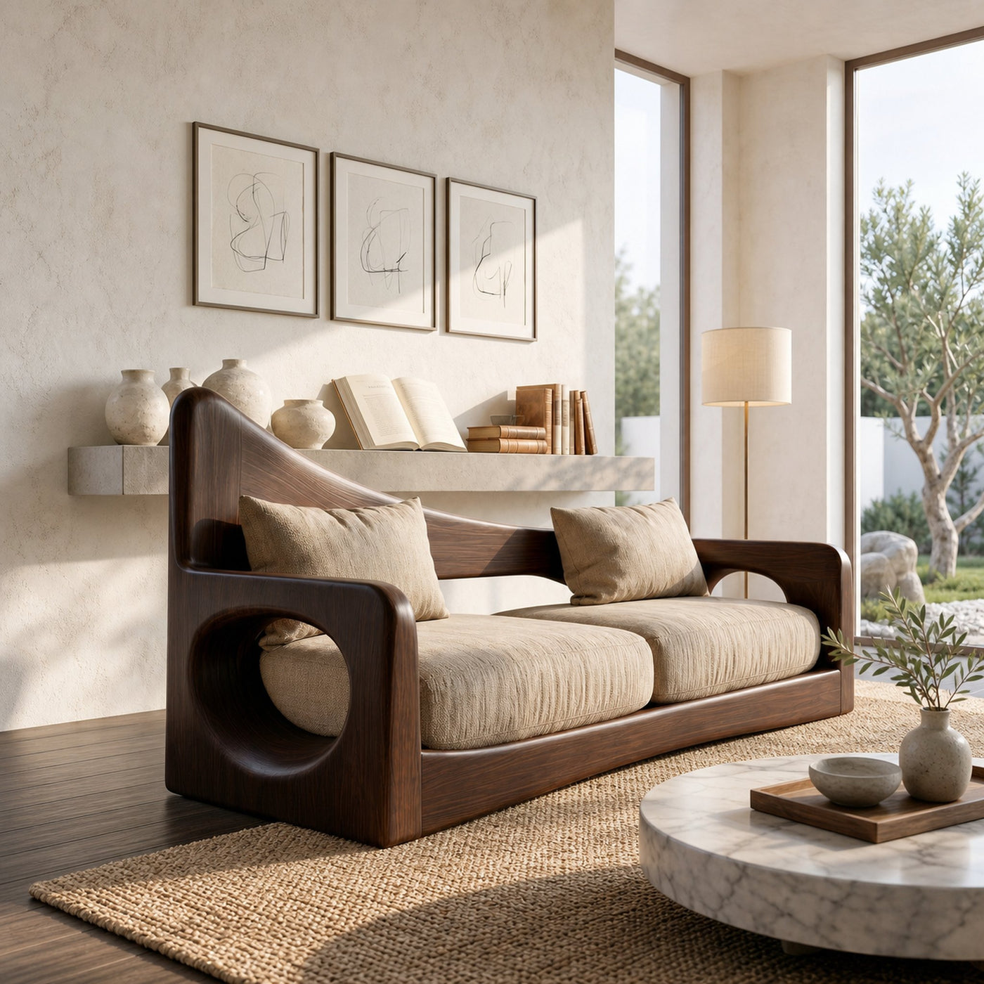 Modern Organic Sofa With Sculptural Perforated Wood Frame