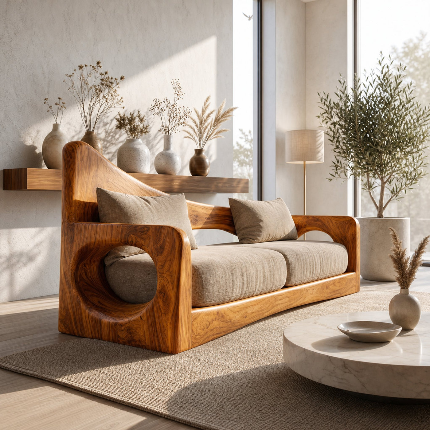 Modern Organic Sofa With Sculptural Perforated Wood Frame - product view 6