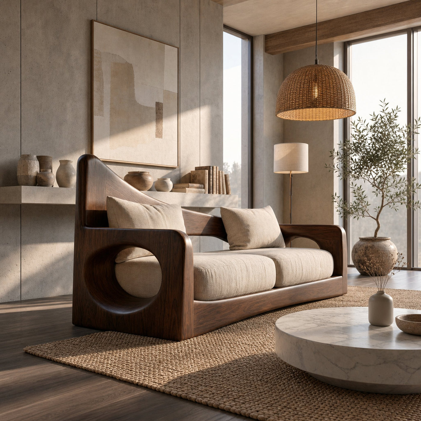Modern Organic Sofa With Sculptural Perforated Wood Frame - product view 7