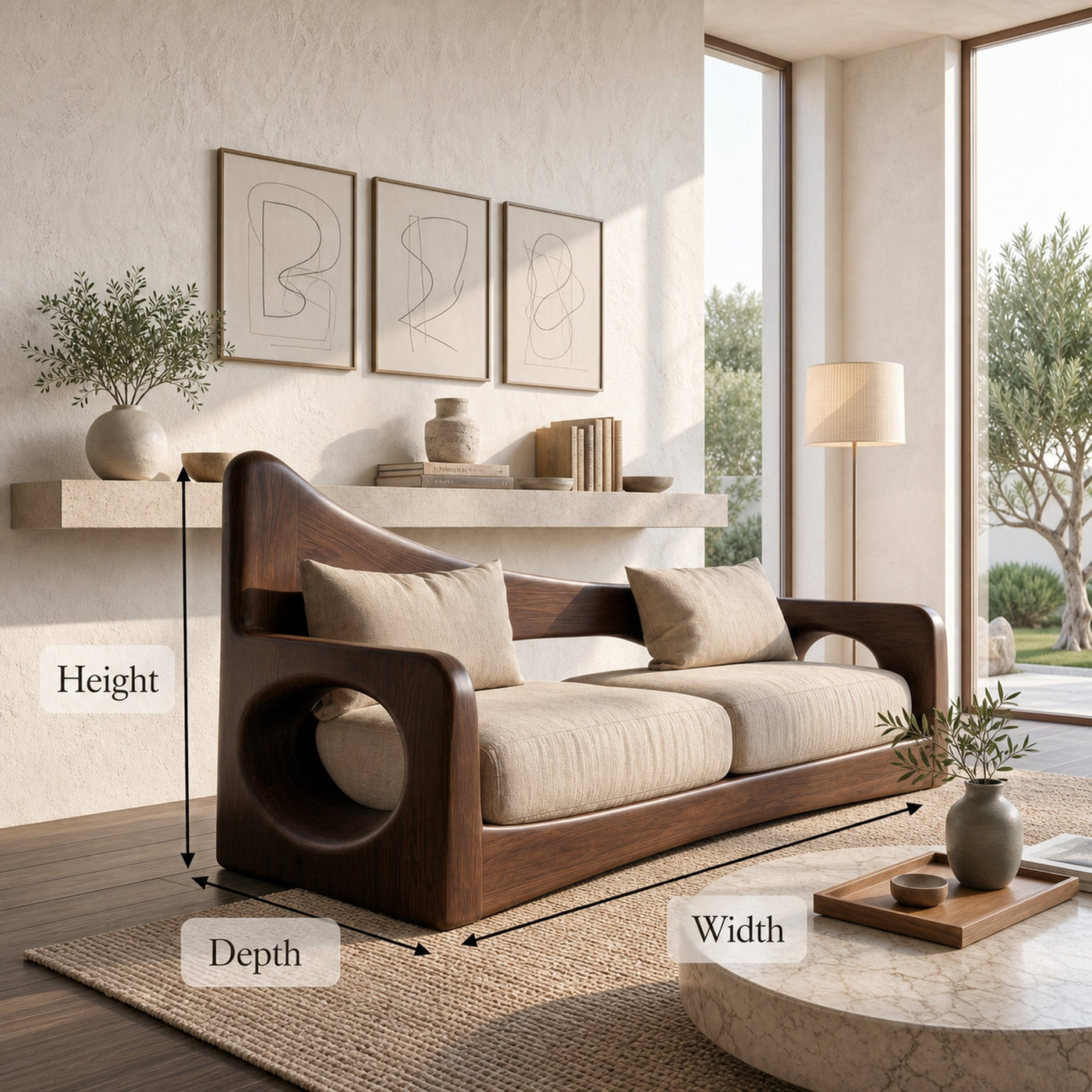 Modern Organic Sofa With Sculptural Perforated Wood Frame - product view 8
