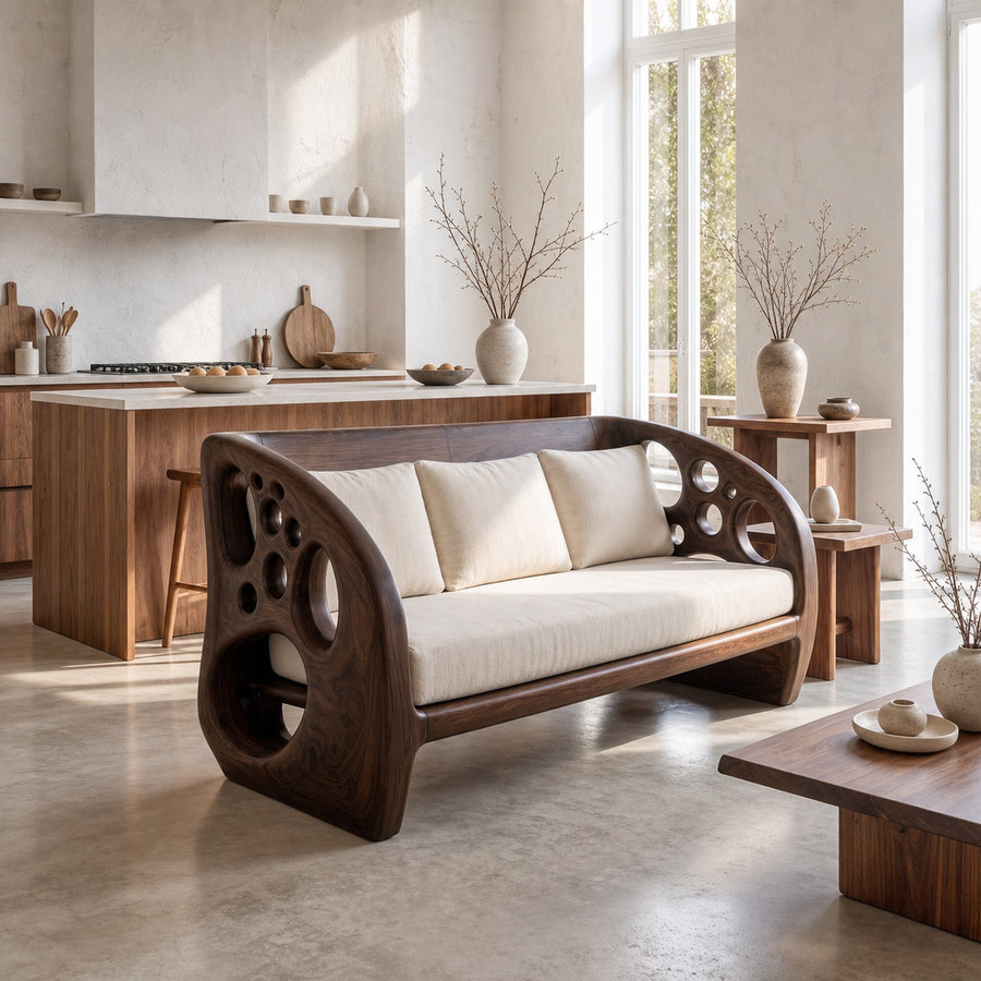 Modern Organic Sofa With Sculptural Perforated Wood Frame