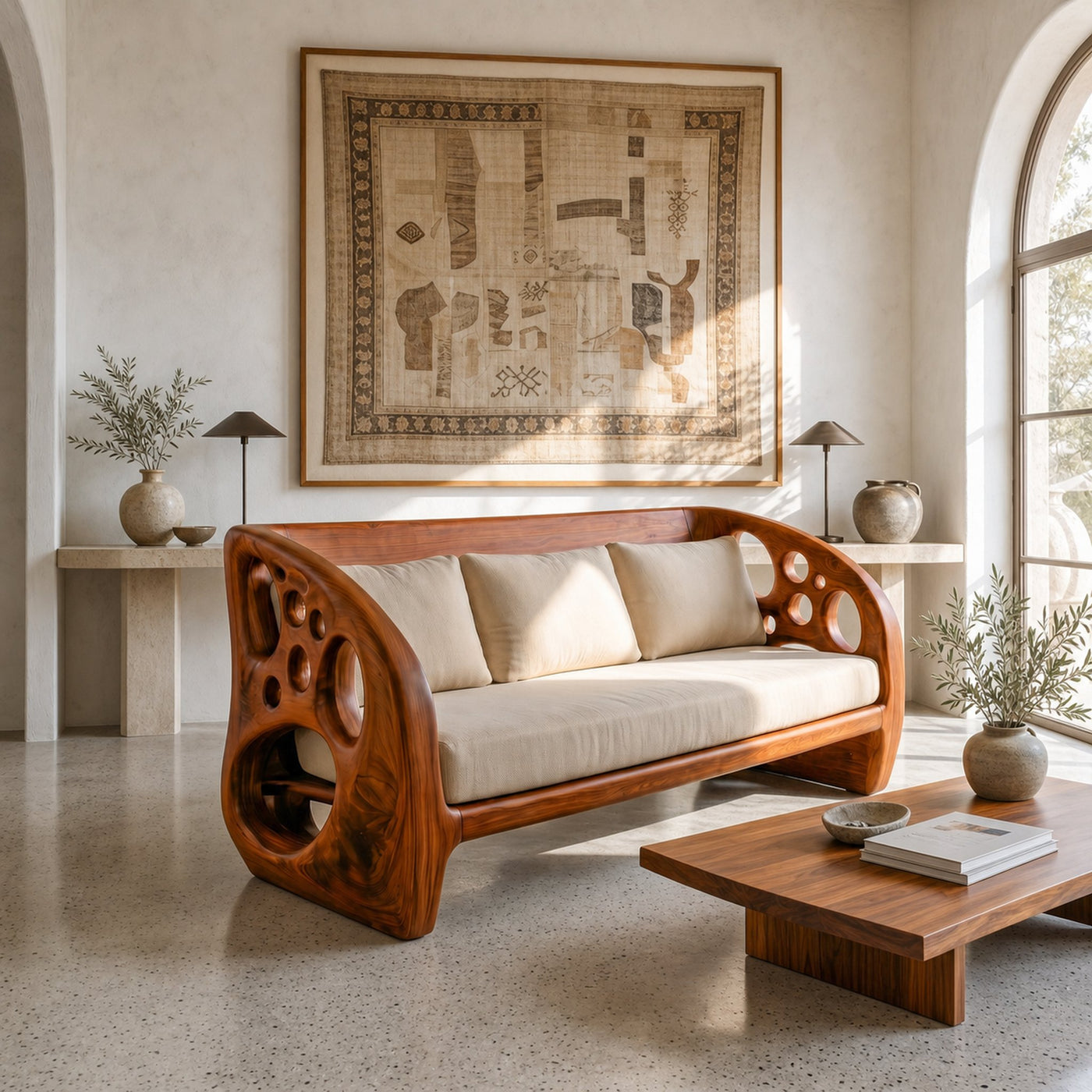 Modern Organic Sofa With Sculptural Perforated Wood Frame - product view 6