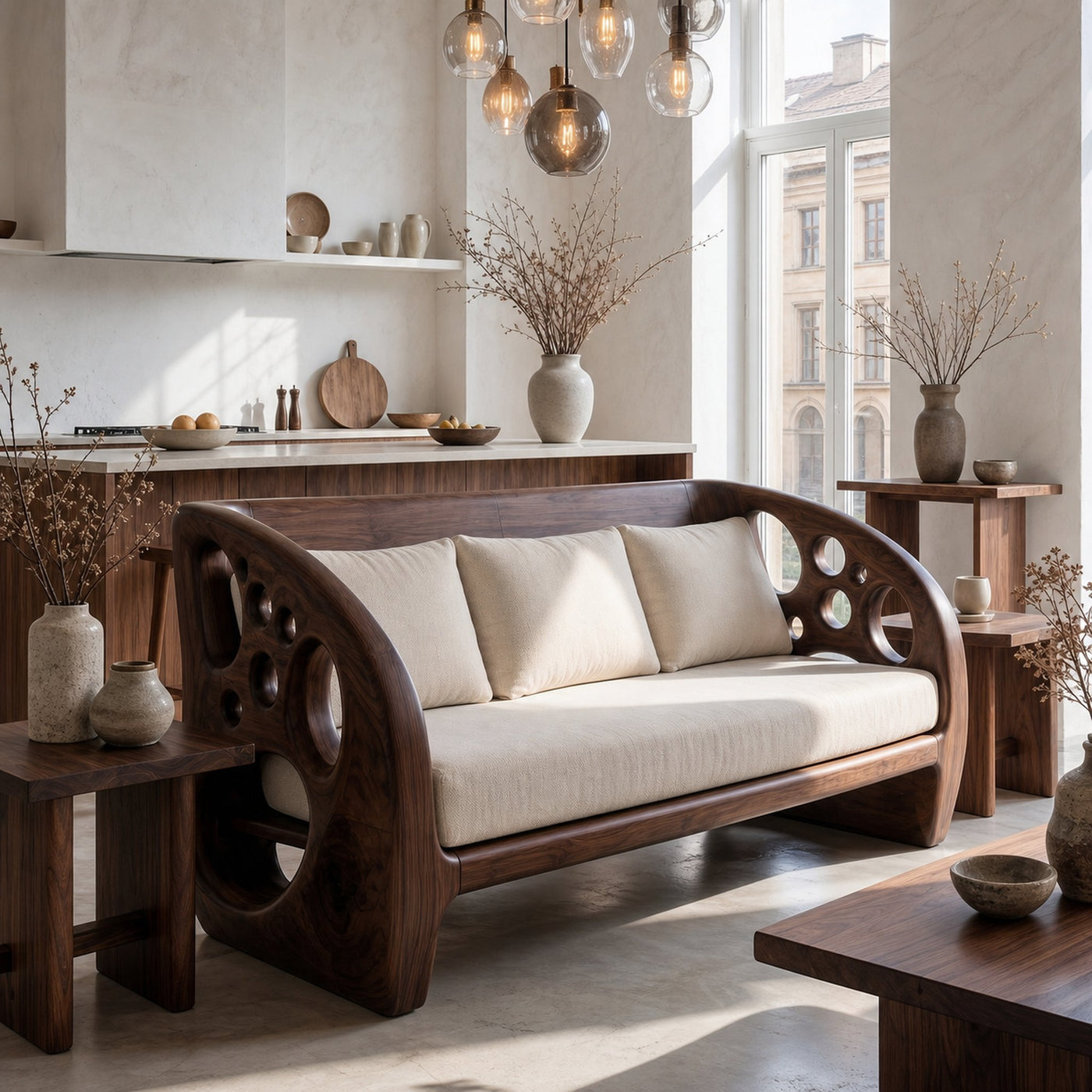 Modern Organic Sofa With Sculptural Perforated Wood Frame - product view 7
