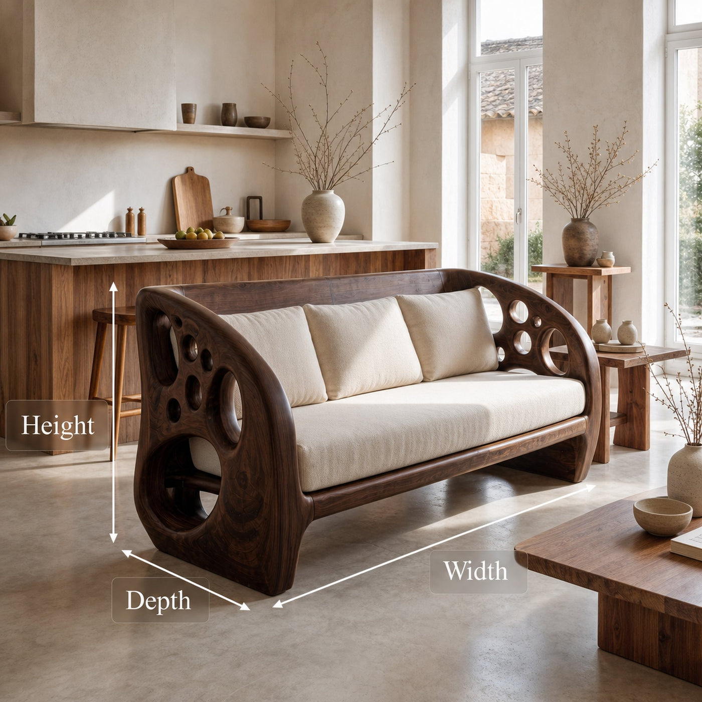Modern Organic Sofa With Sculptural Perforated Wood Frame - product view 8