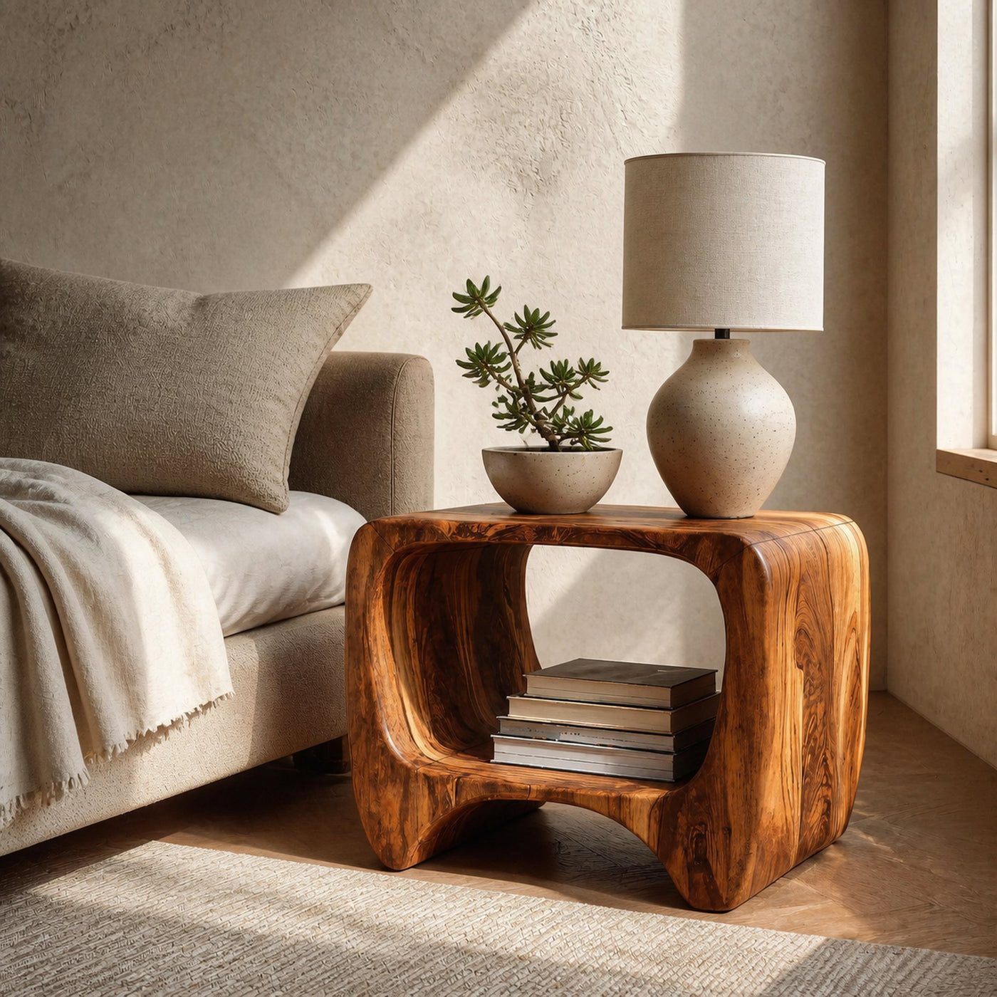 Modern Organic Wood Nightstand With Shelf For Bedroom
