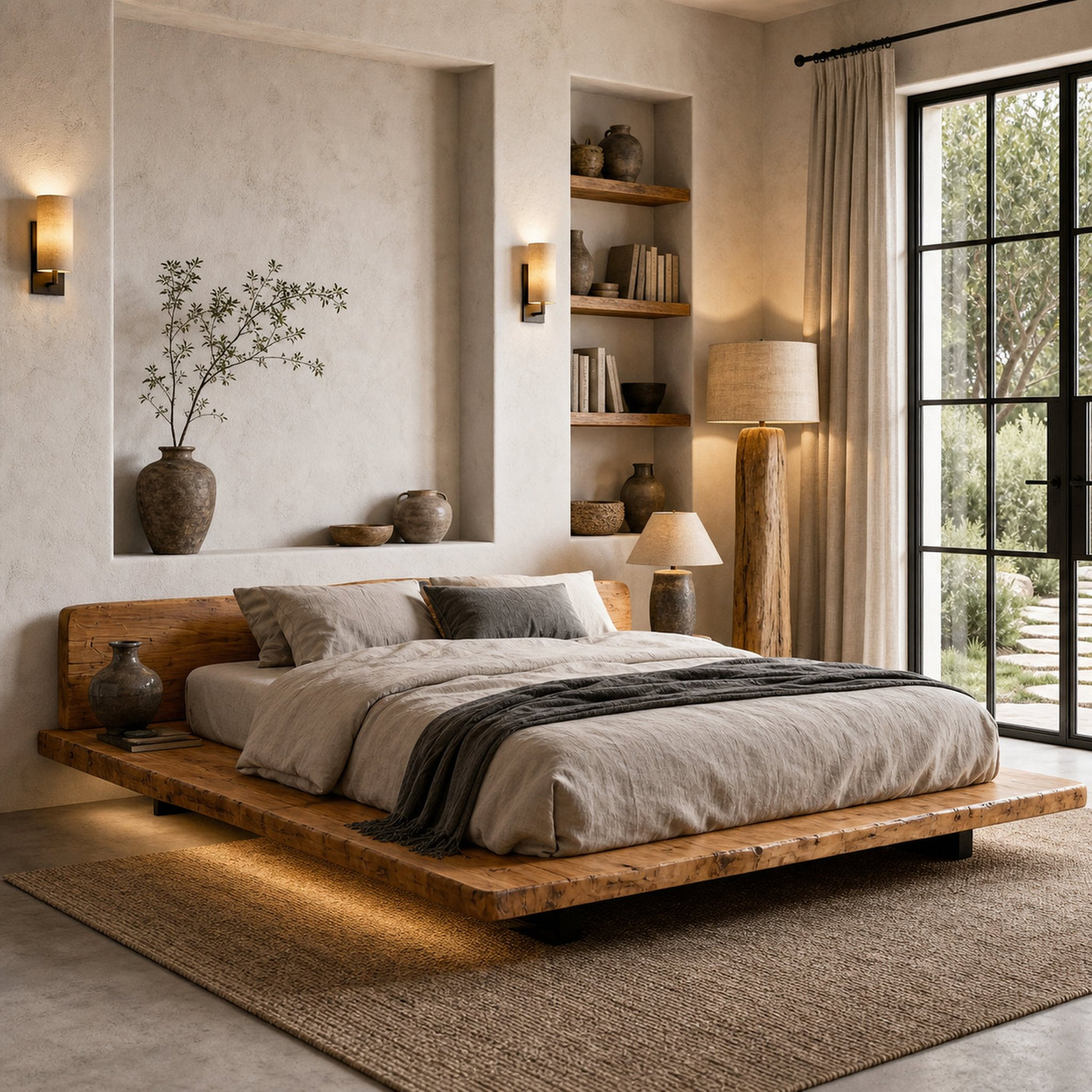 Modern Platform Bed Frame With Floating Design And Upholstered Headboard For Bedroom