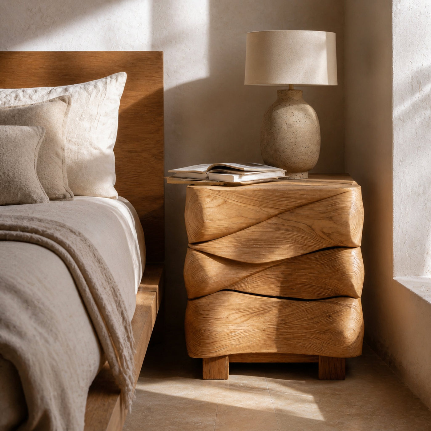 Modern Sculpted Nightstand With Wave Design For Bedroom