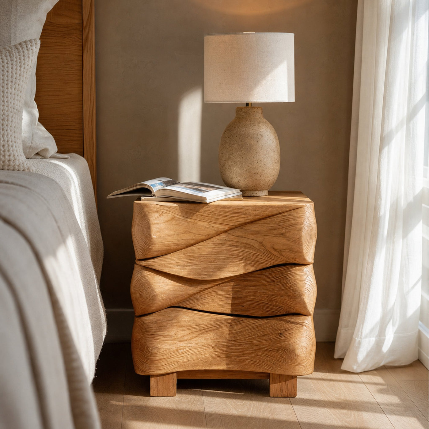 Modern Sculpted Nightstand With Wave Design For Bedroom - product view 6