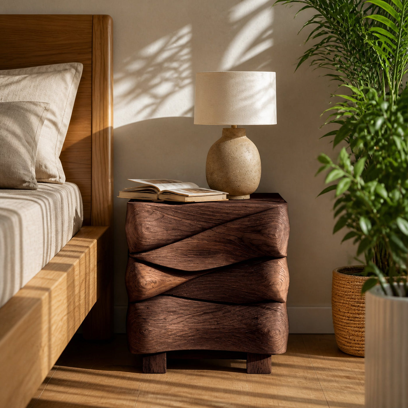 Modern Sculpted Nightstand With Wave Design For Bedroom - product view 7