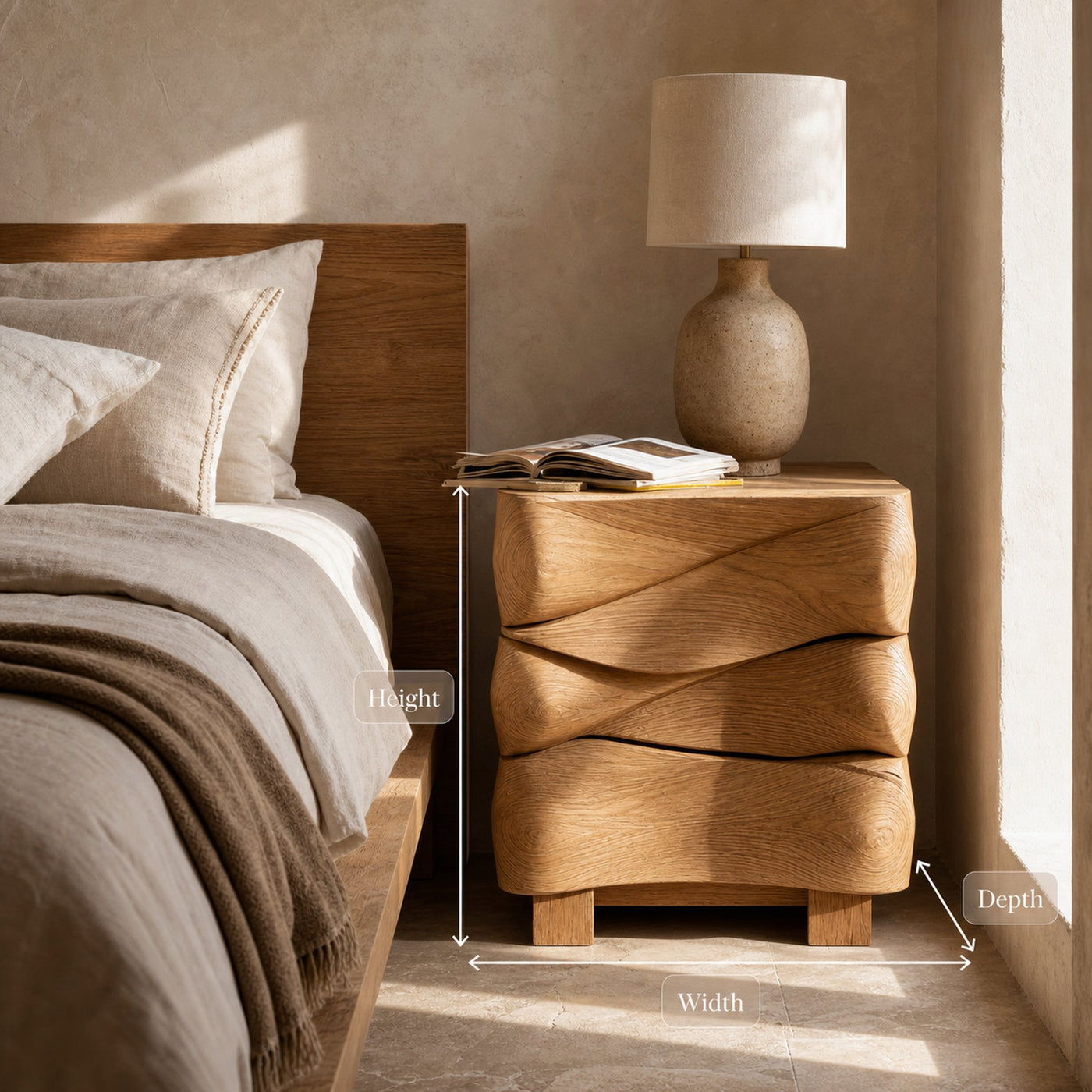 Modern Sculpted Nightstand With Wave Design For Bedroom - product view 8