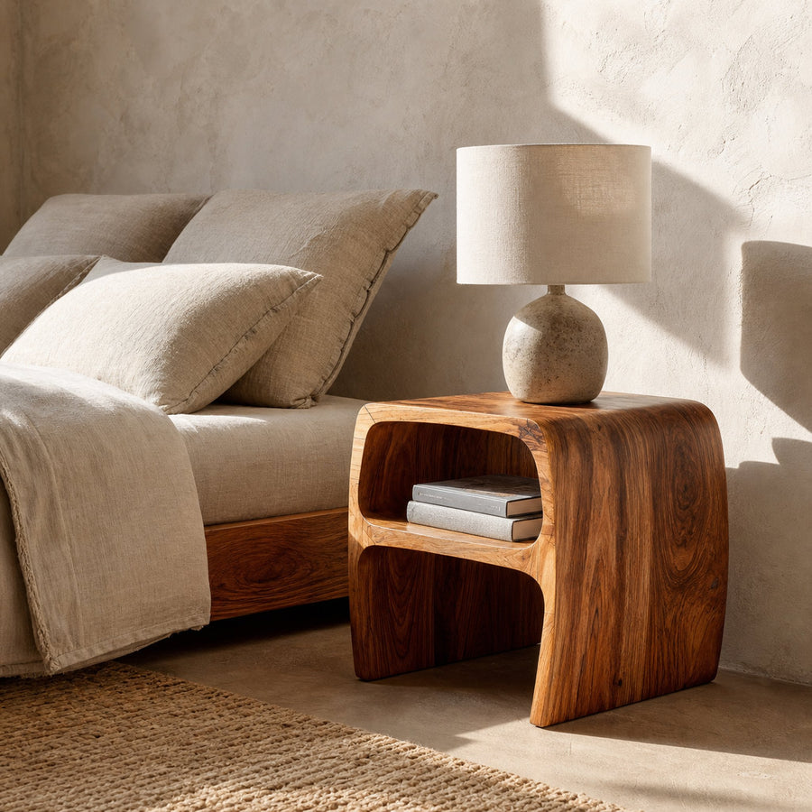 Modern Sculptural Nightstand With Open Storage For Bedroom