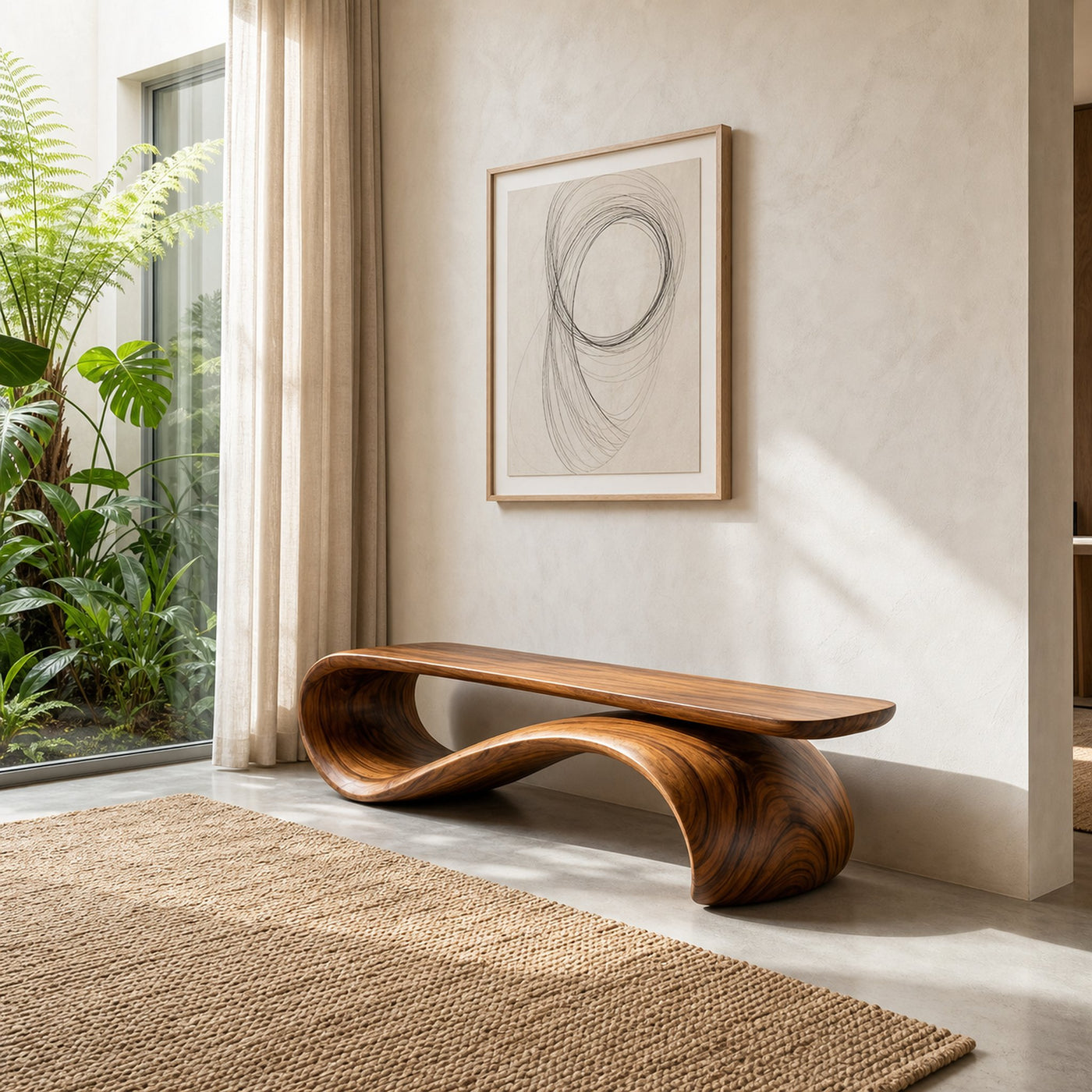 Modern Sculptural Wood Bench For Hallway Accent Decor