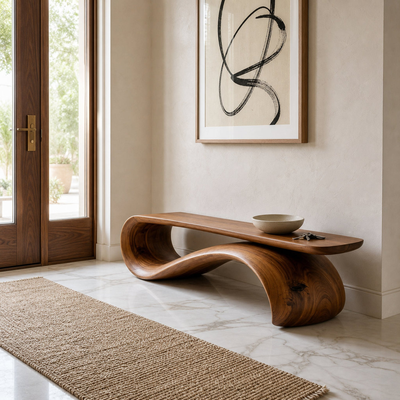Modern Sculptural Wood Bench For Hallway Accent Decor - product view 6