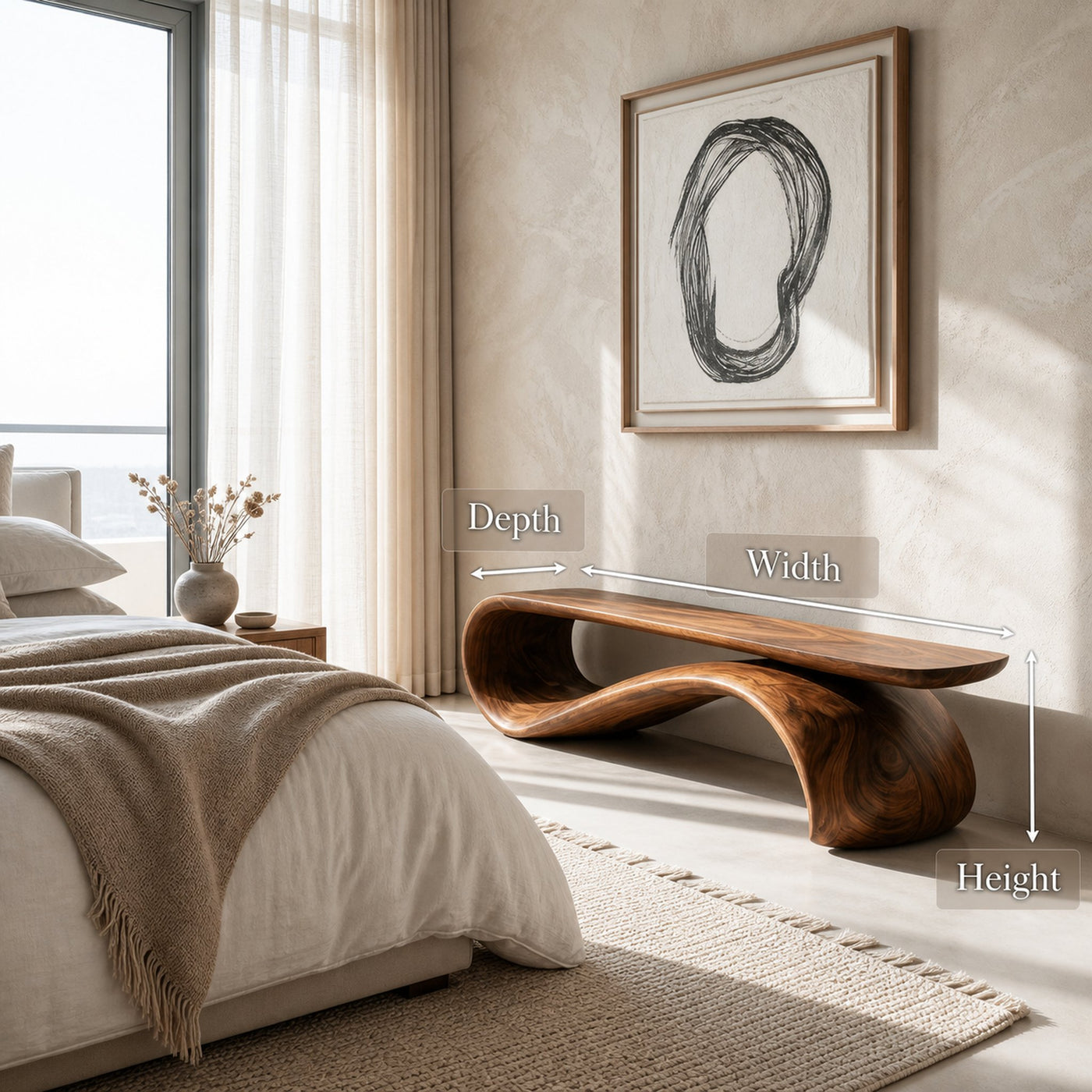 Modern Sculptural Wood Bench For Hallway Accent Decor - product view 8
