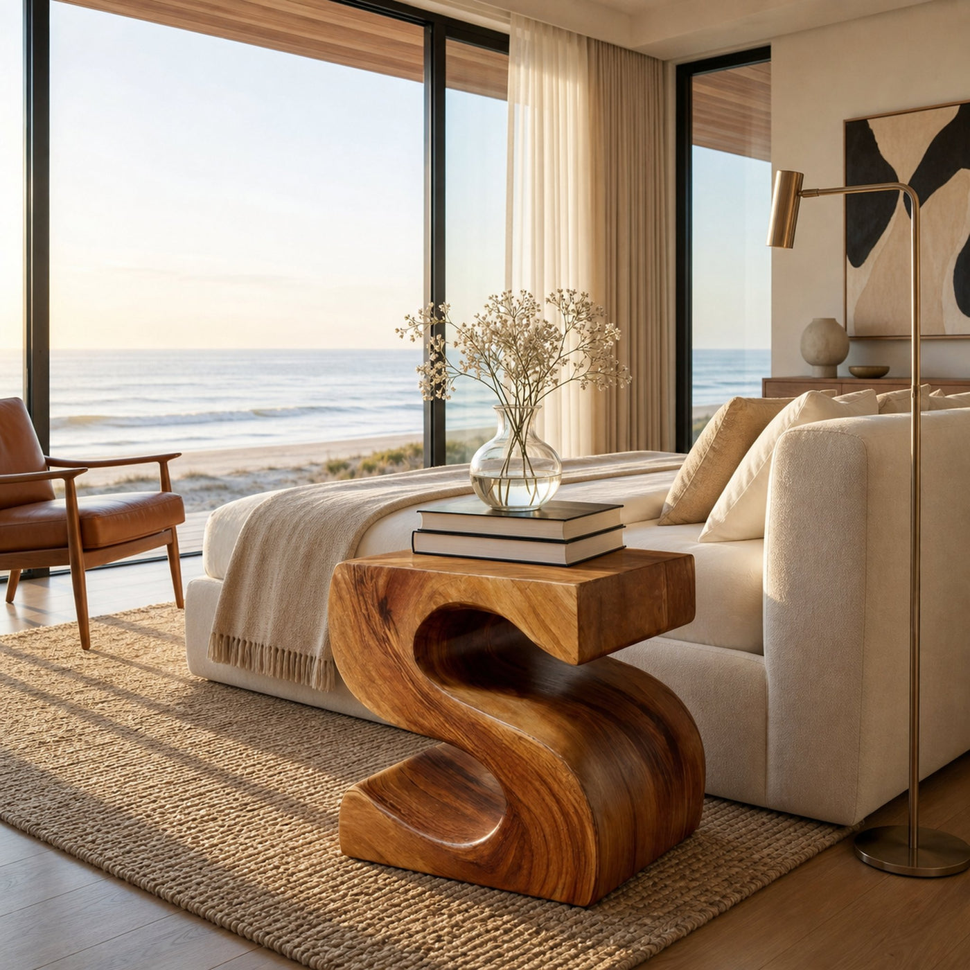 Modern Sculptural Wood Nightstand With S Shaped For Bedroom