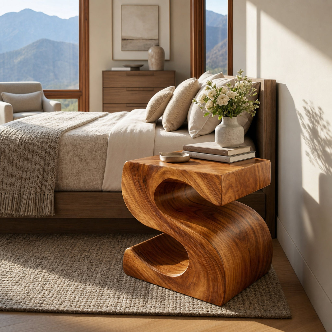 Modern Sculptural Wood Nightstand With S Shaped For Bedroom - product view 6