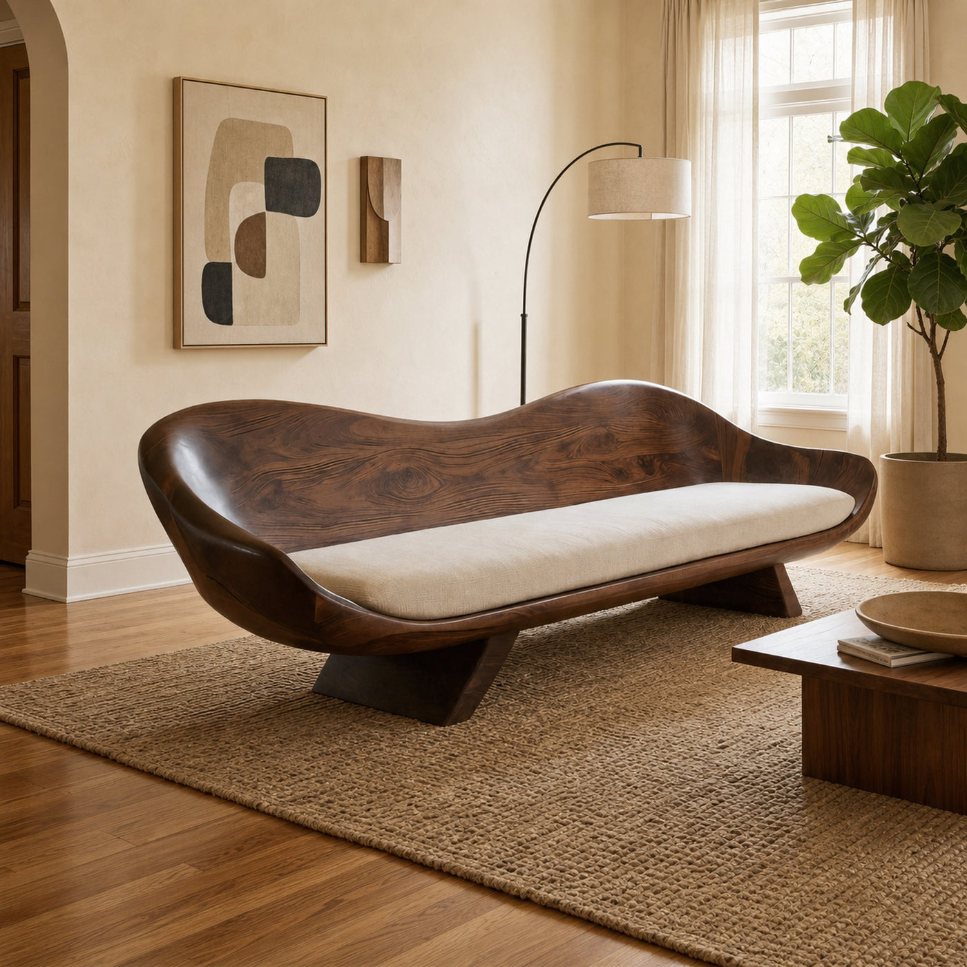 Modern Sculptural Wood Sofa Living Room Organic Curved Couch Statement Furniture