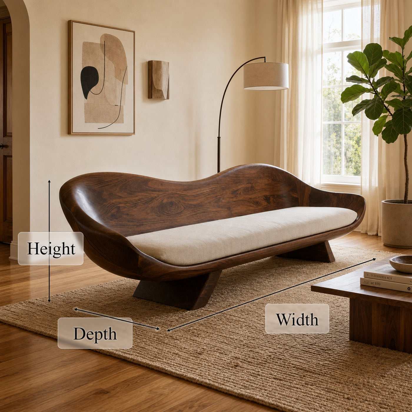 Modern Sculptural Wood Sofa Living Room Organic Curved Couch Statement Furniture - product view 7