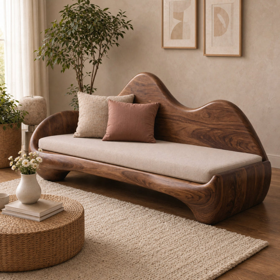 Modern Sculptural Wood Sofa Living Room Organic Curved Wooden Couch