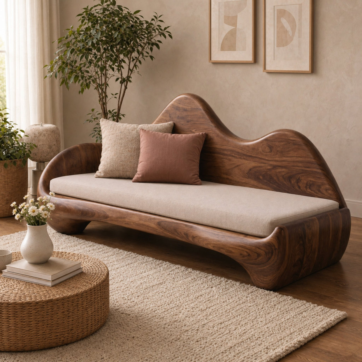Modern Sculptural Wood Sofa Living Room Organic Curved Wooden Couch