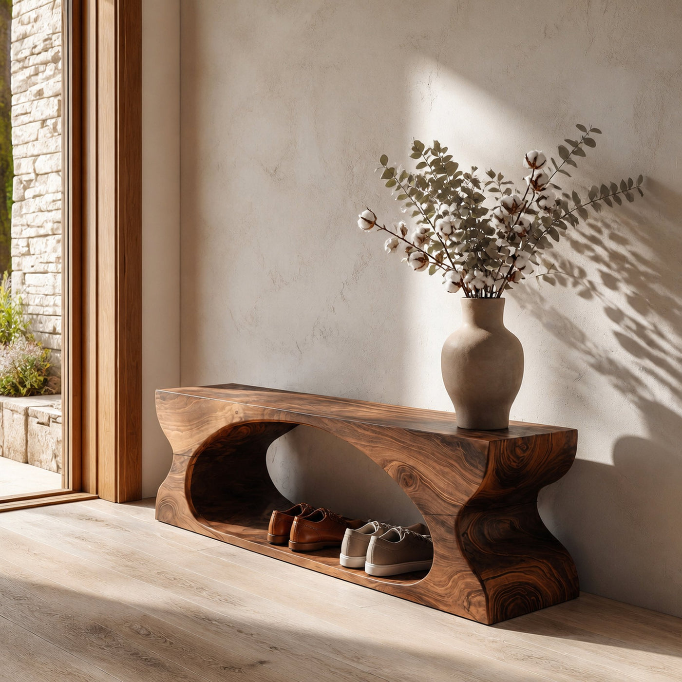 Modern Sculptural Wooden Bench With Organic Design For Entryway And Living Room