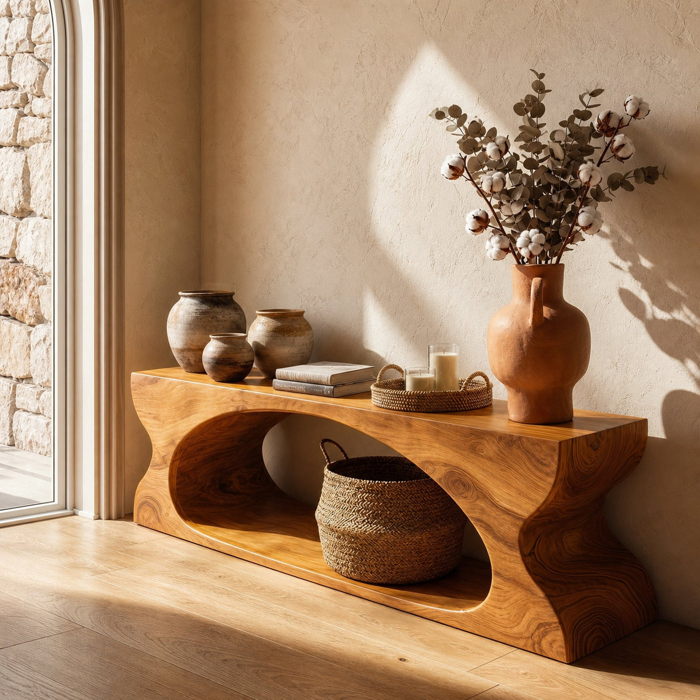 Modern Sculptural Wooden Bench With Organic Design For Entryway And Living Room - product view 6