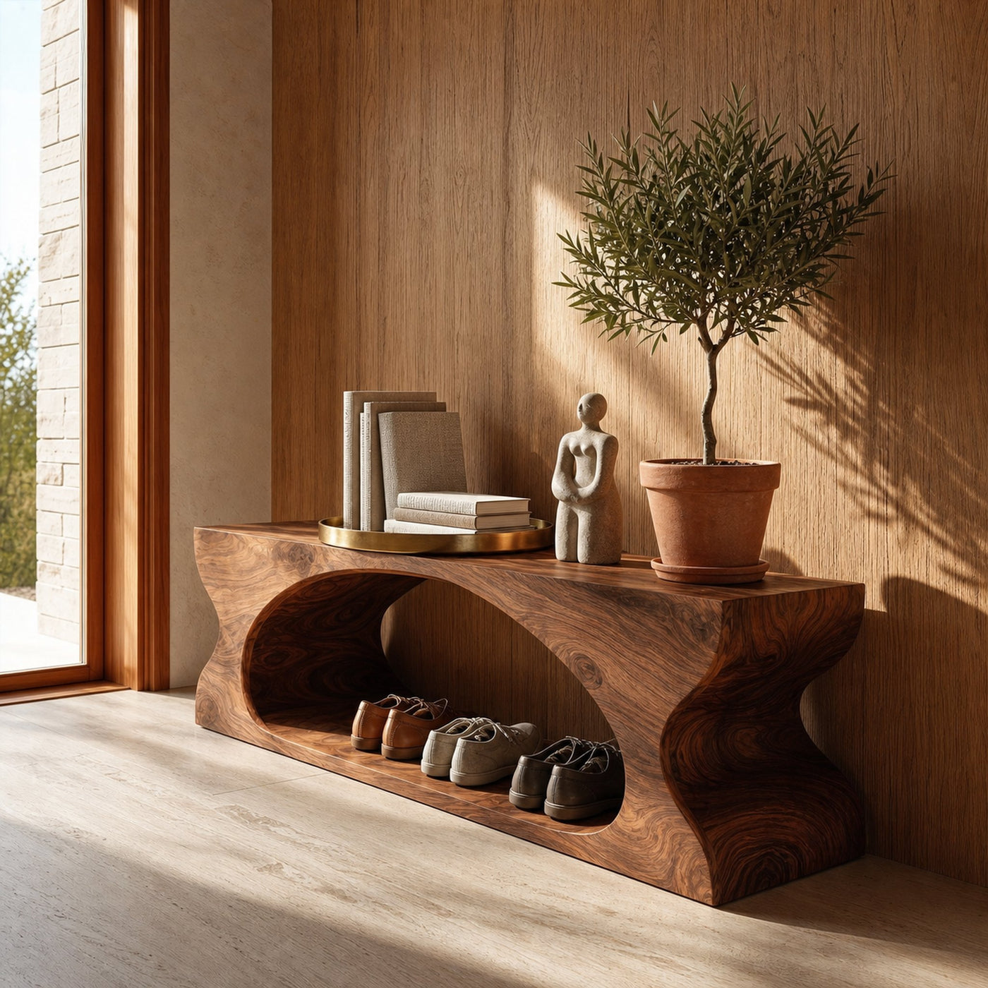 Modern Sculptural Wooden Bench With Organic Design For Entryway And Living Room - product view 7