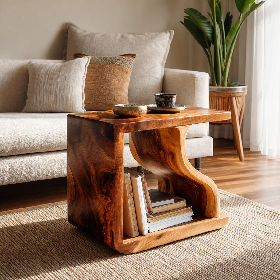 Modern Sculptural Wooden Side Table For Living Room Decor