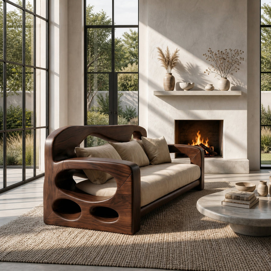 Modern Sofa Frame With Sculptural Solid Wood Armrests For Living Room