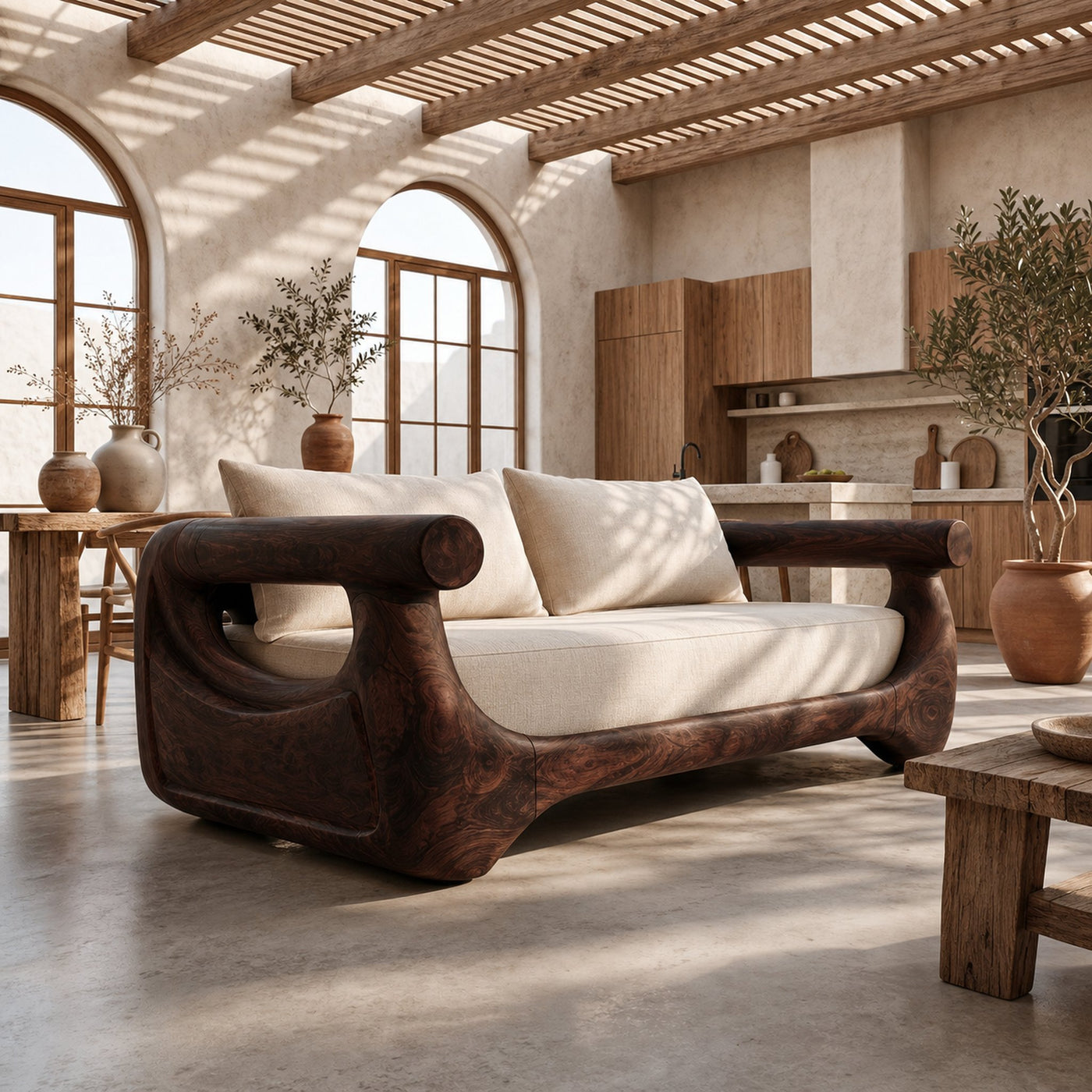 Modern Sofa With Sculptural Perforated Wood Frame For Living Room