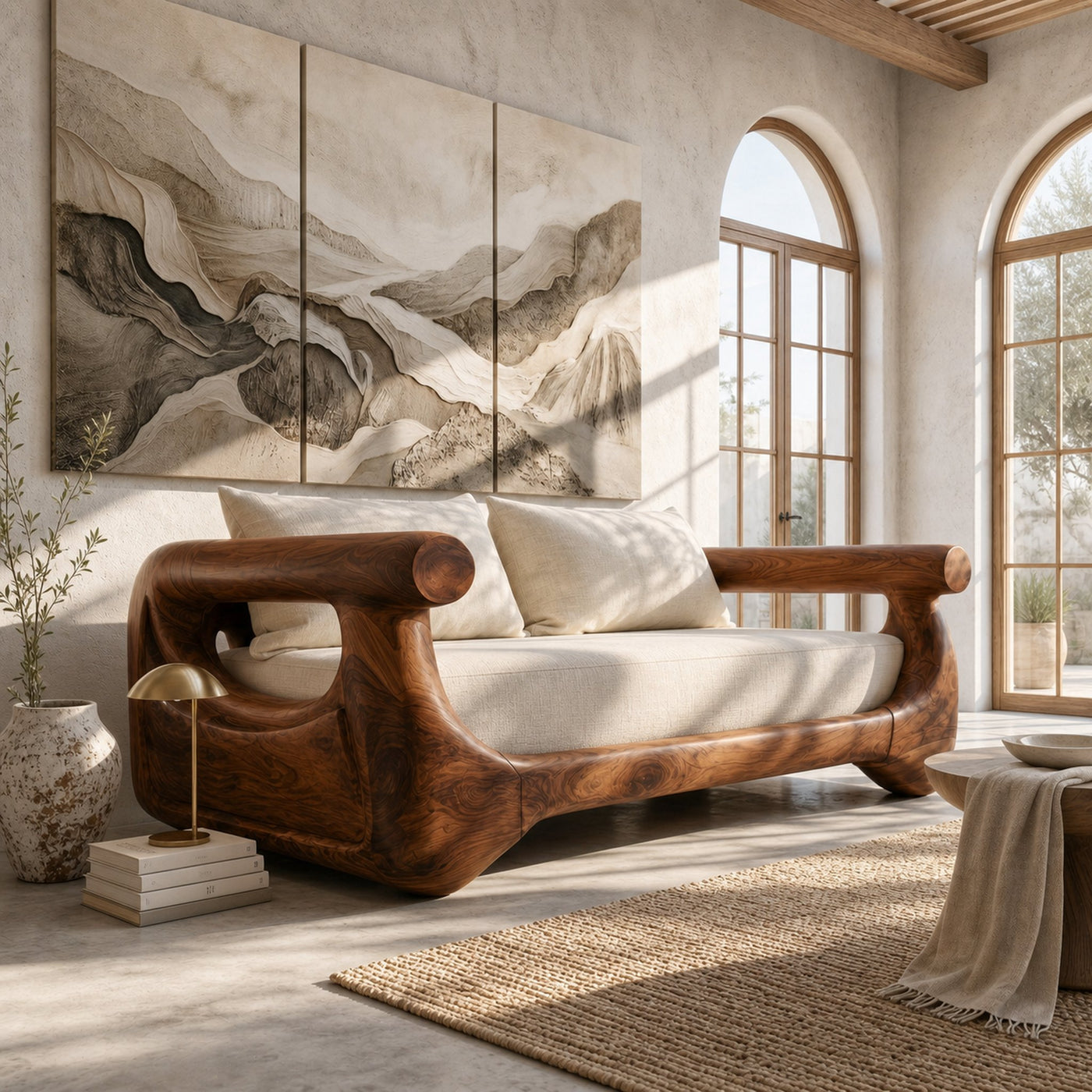 Modern Sofa With Sculptural Perforated Wood Frame For Living Room - product view 6