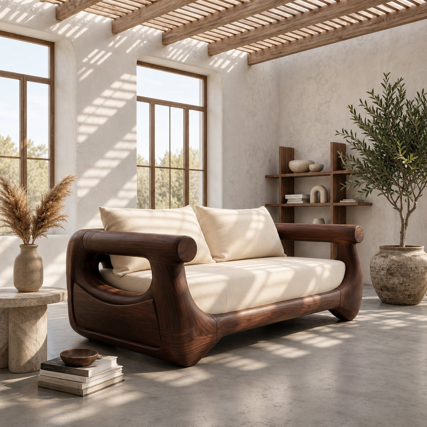 Modern Sofa With Sculptural Perforated Wood Frame For Living Room - product view 7