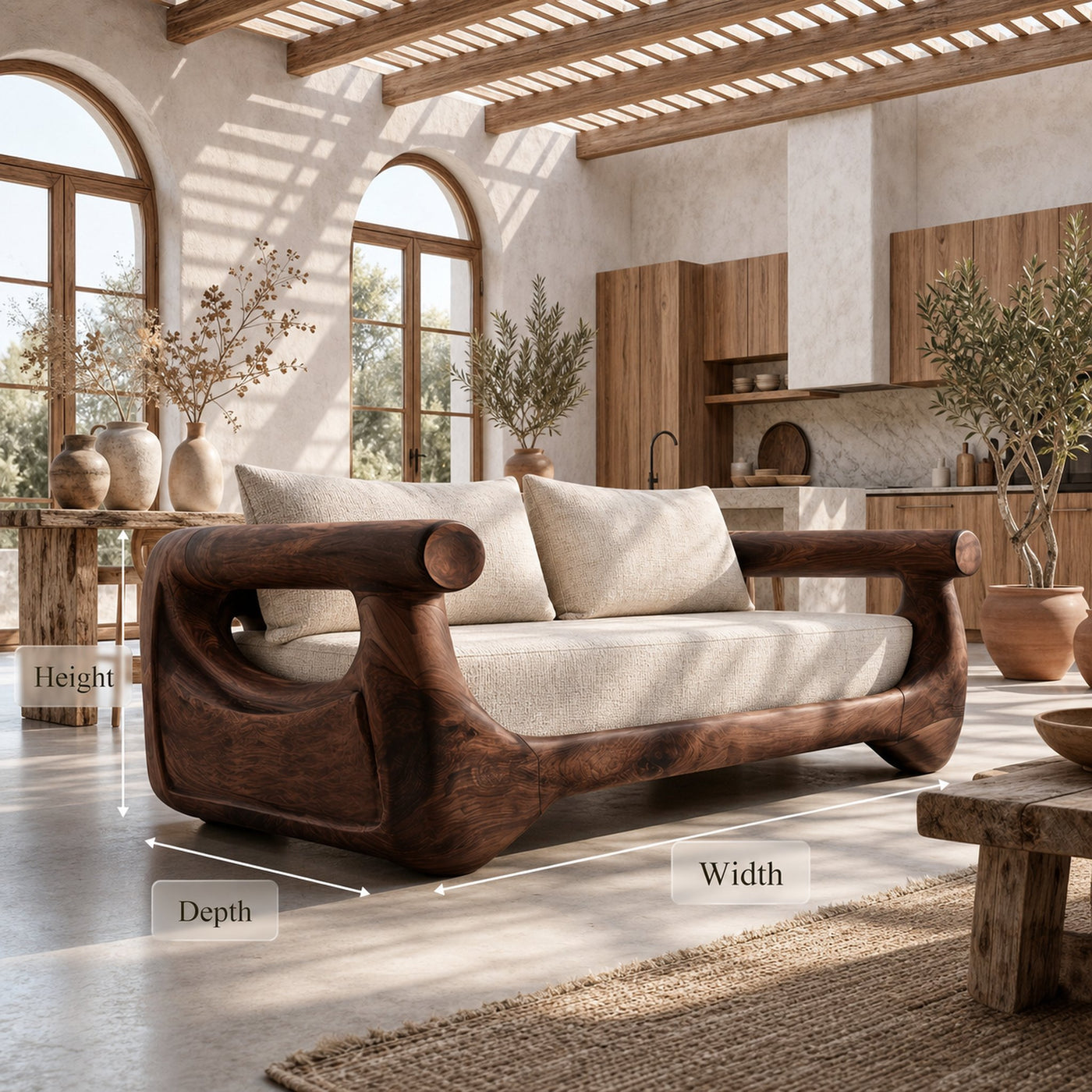 Modern Sofa With Sculptural Perforated Wood Frame For Living Room - product view 8