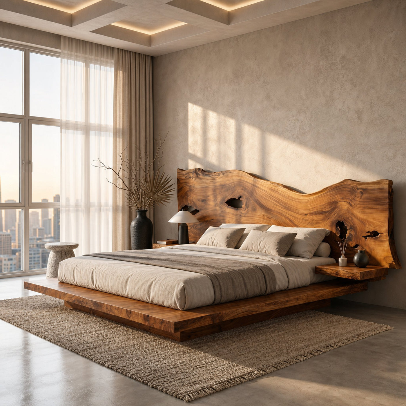 Modern Solid Wood Bed Frame With Floating Platform Design For Bedroom