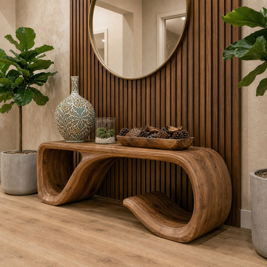 Modern Solid Wood Bench Sculptural Curved Base Entryway And Living Room