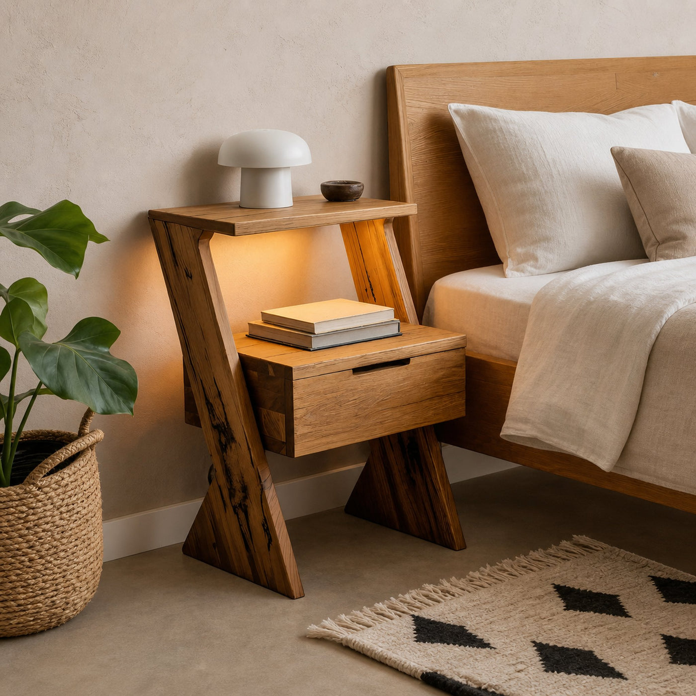 Modern Solid Wood Nightstand With Drawer And Shelf For Bedroom
