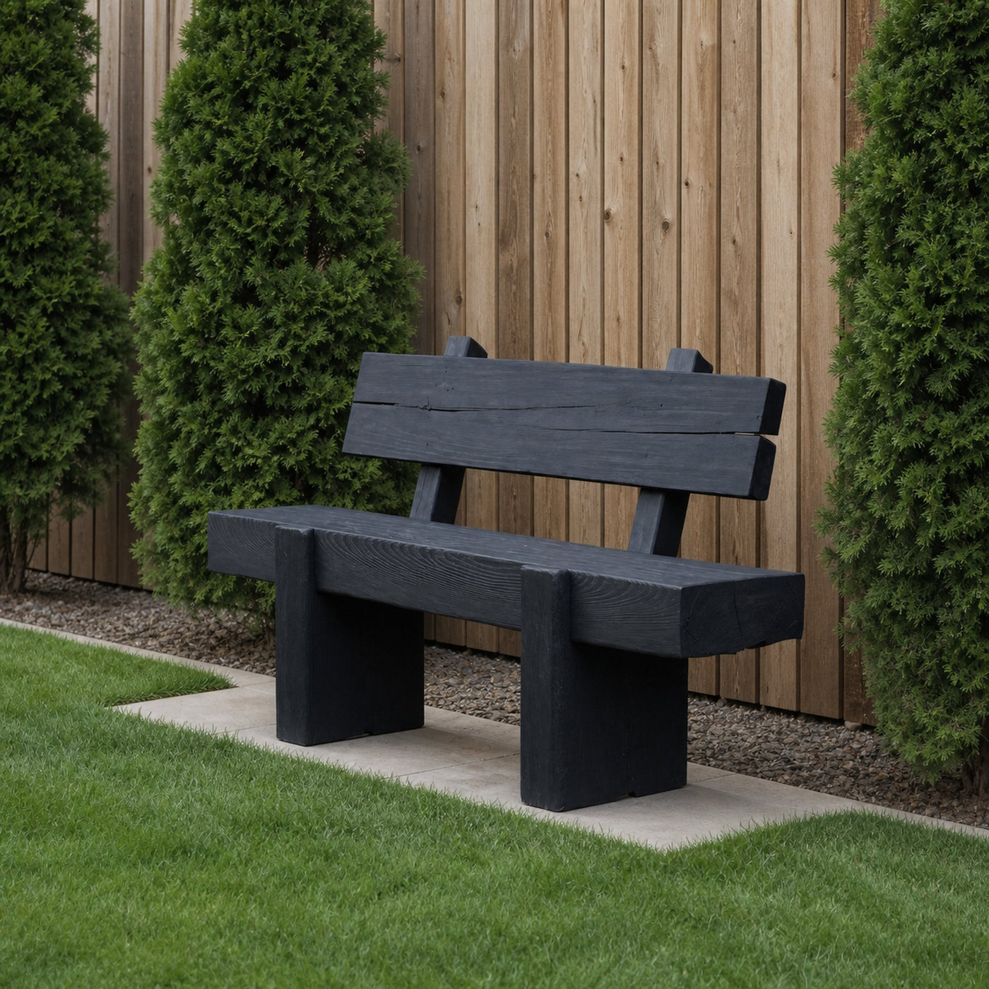 Modern Solid Wood Outdoor Bench With Charred Finish For Garden Or Patio