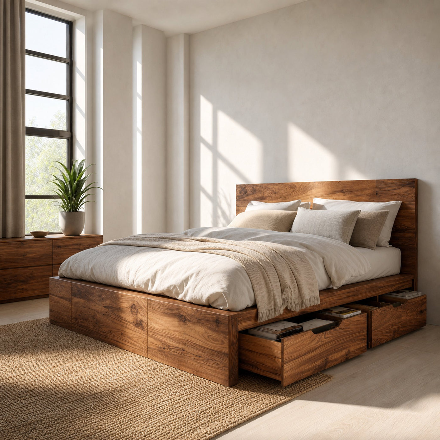 Modern Storage Bed Frame And Headboard With Drawers For Bedroom