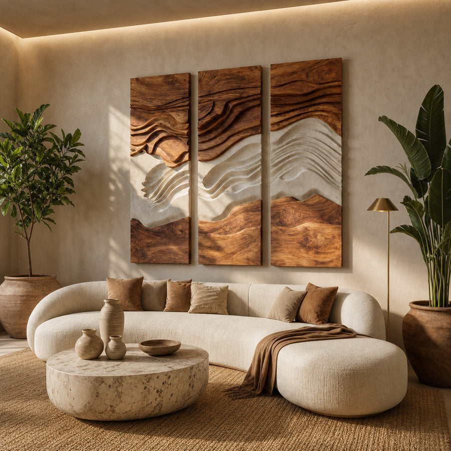 Modern Three Panel Wooden Wall Sculpture For Wall Decor