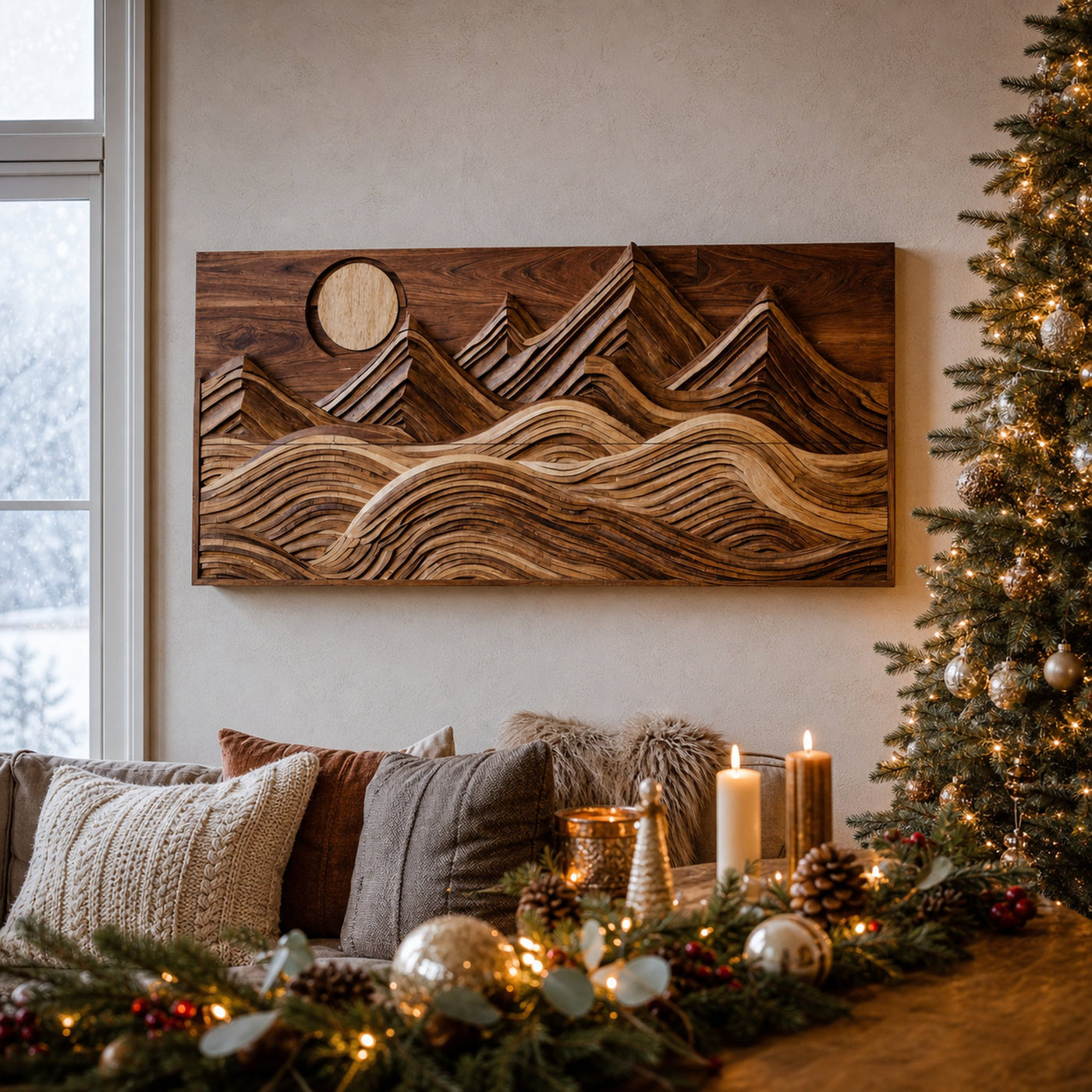 Modern Wall Art With Layered Mountain And Sun For Holiday Decoration