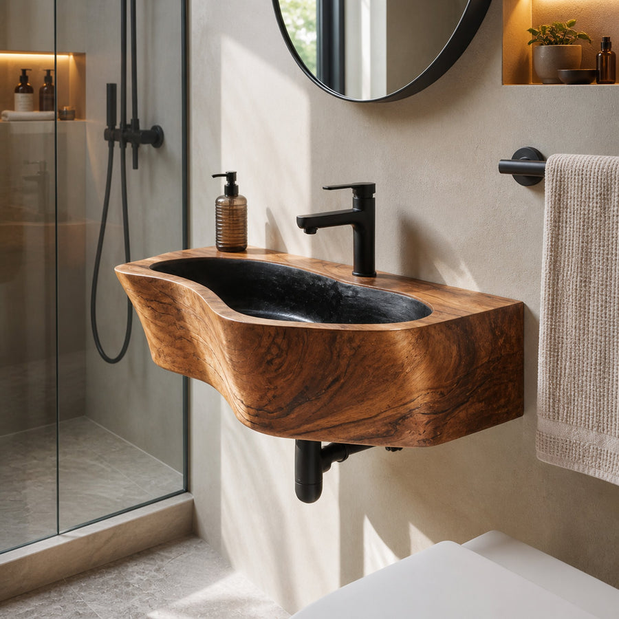 Modern Wall Mounted Wooden Bathroom Sink For Compact Bathroom Design