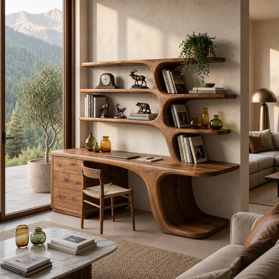 Modern Wood Desk With Built In Bookshelves For Workspace
